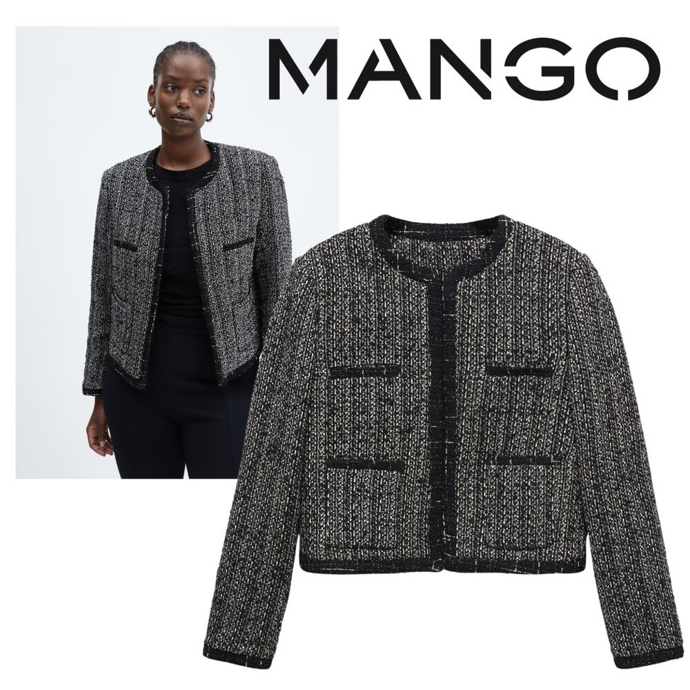 MANGO Sparkle Bead Trim Tweed Career Jacket Blazer PLUS SIZE 3X 4X Blk NEW $150